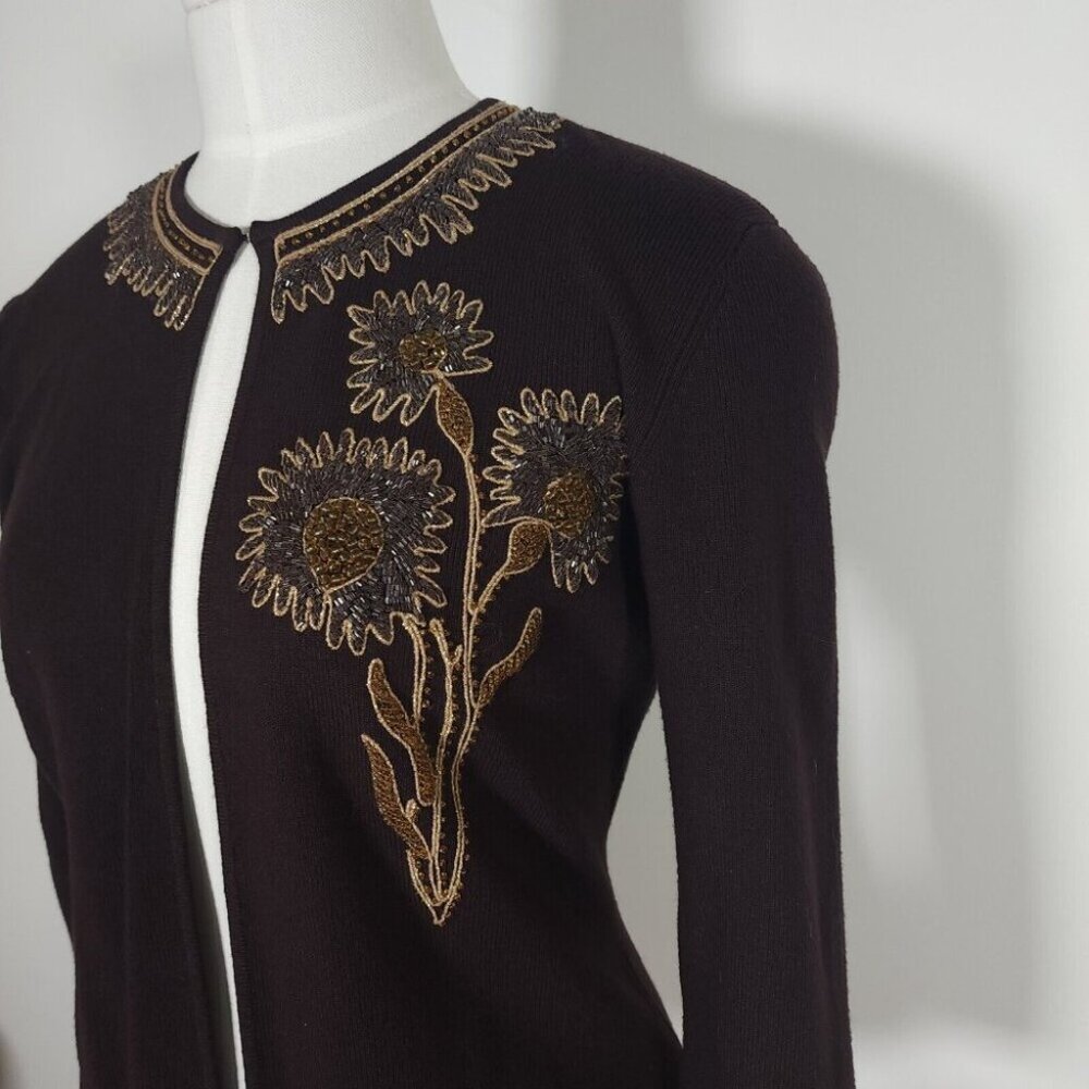 Women's Brown Beaded Cardigan Sweater Goblin Fairy Floral Whimsical 3/4 Sleeve S - Picture 2 of 12